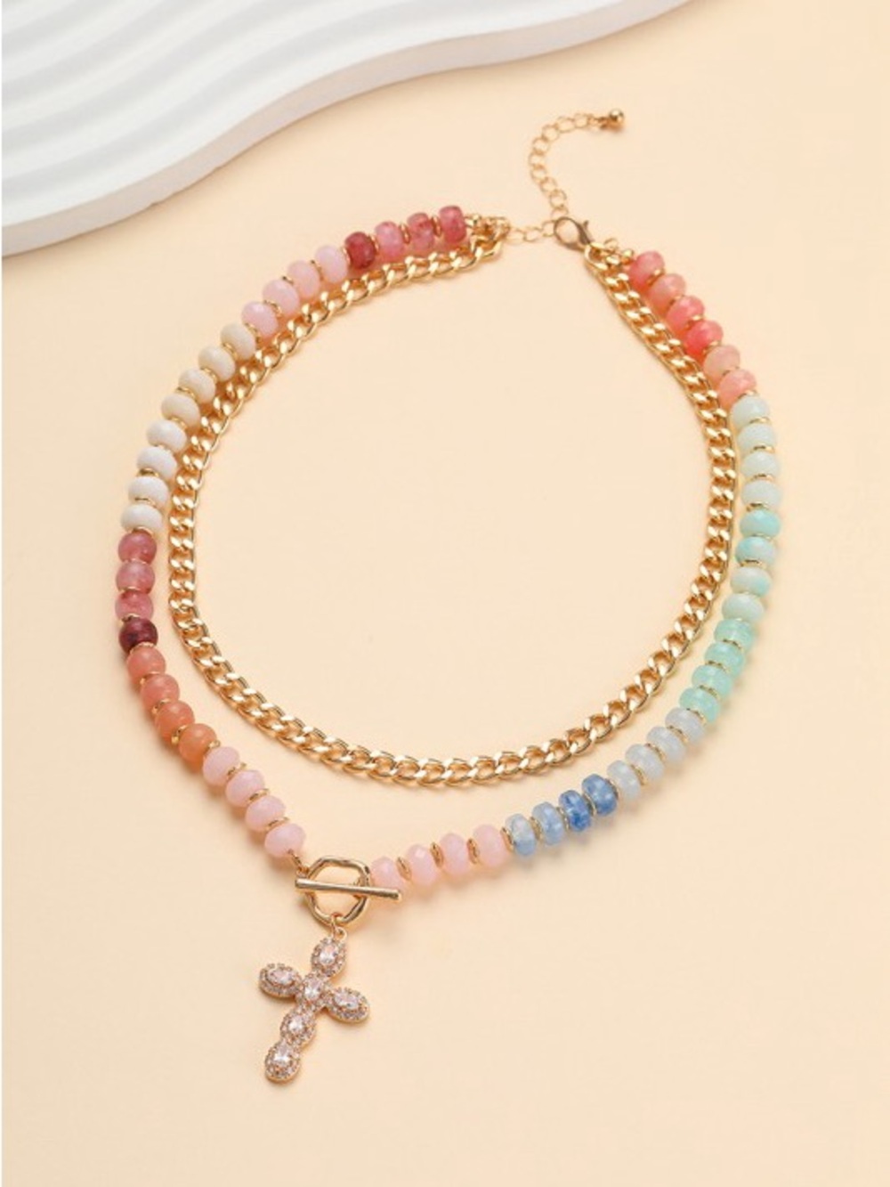 Bohemian Gold Cross Pendant Beaded Necklace - Multicolor Beads Fashion Jewelry